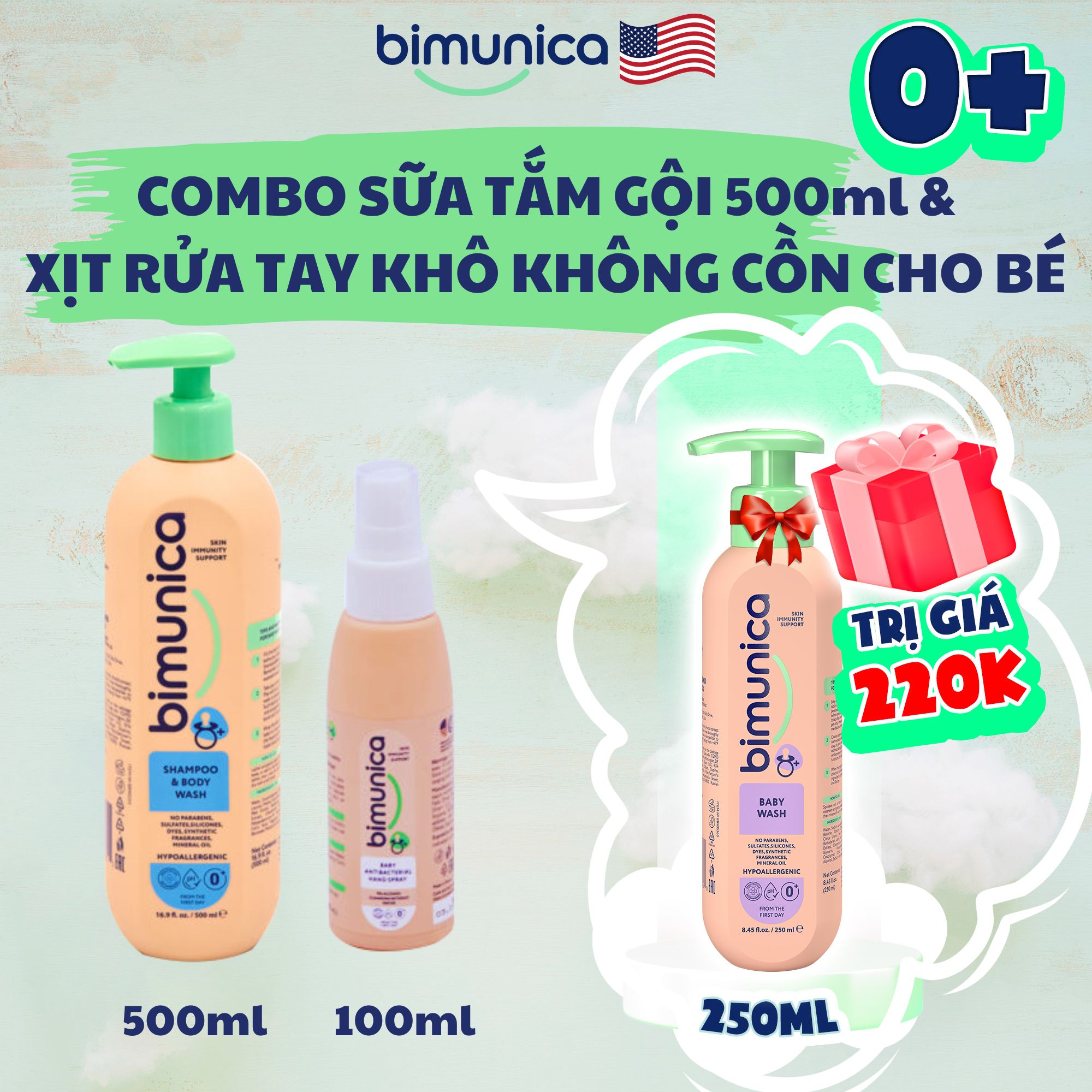 [QUÀ 220K] Combo Sữa Tắm Gội 2in1 (500ml) &amp; Xịt Rửa Tay Khô BIMUNICA cho bé 0+ - Không Cồn, Không Xà Phòng