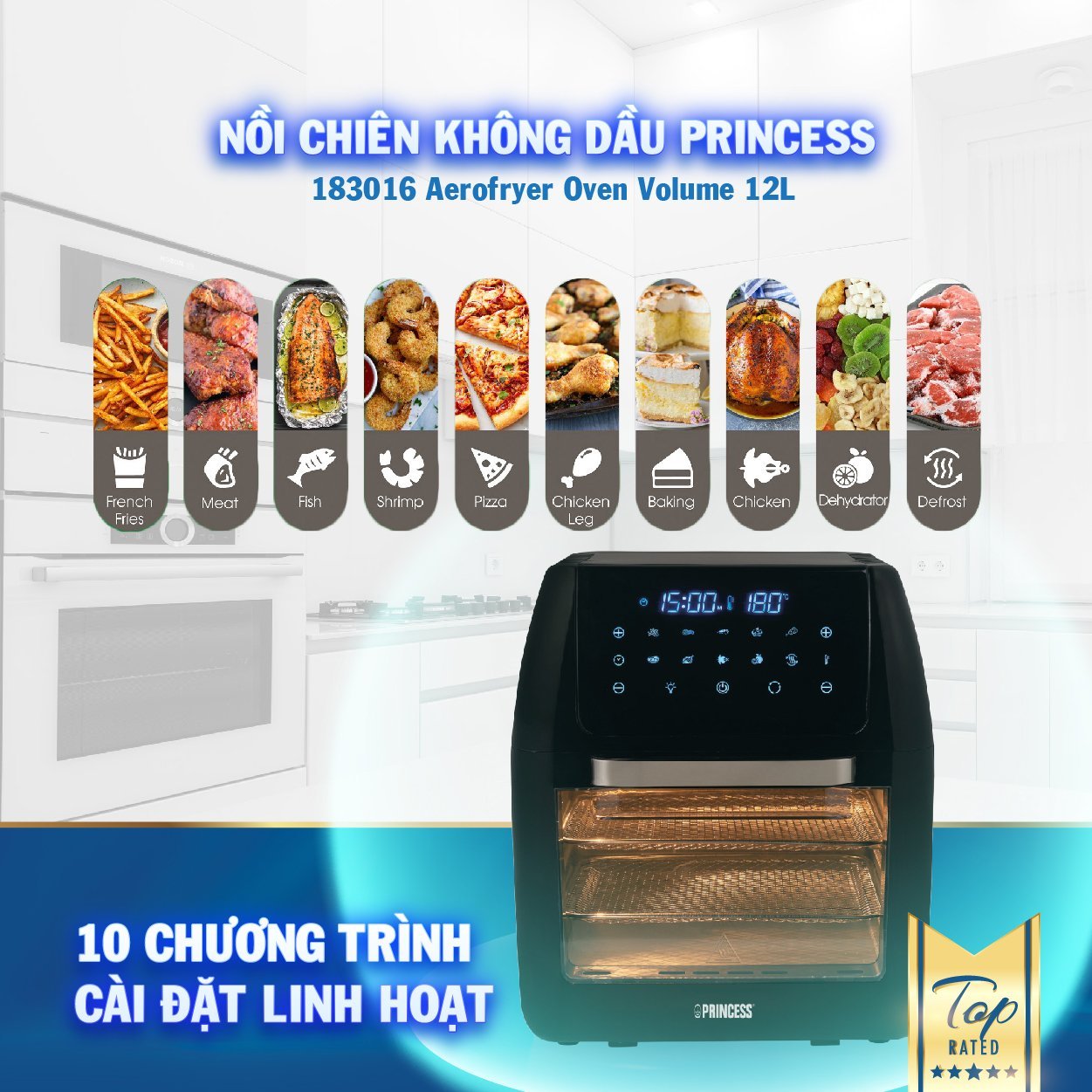 Nồi Chiên Không Dầu Kèm Lò Nướng Princess 183016  Thương Hiệu Hà Lan (12L)-  - Hàng Chính Hãng