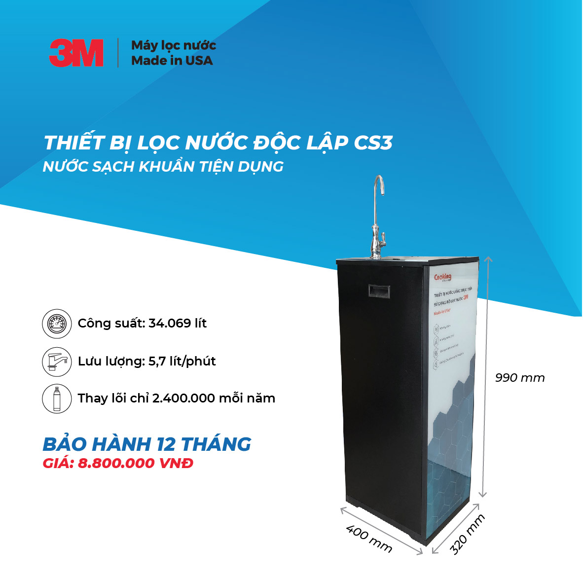 Cây Lọc Nước Uống Độc Lập 3M CS3-1V (Sử Dụng 3M BREW120-MS) - Hàng Chính Hãng
