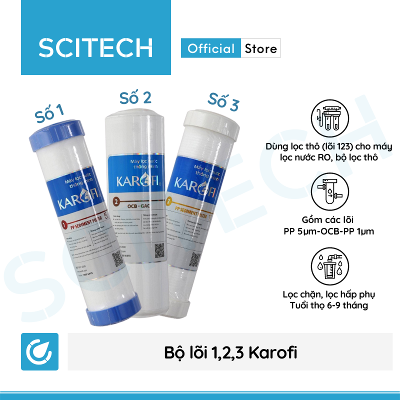 Bộ lõi 123 by Scitech (Lõi PP5-OCB-PP1 dùng thay thế máy lọc nước Karofi) - Hàng chính hãng