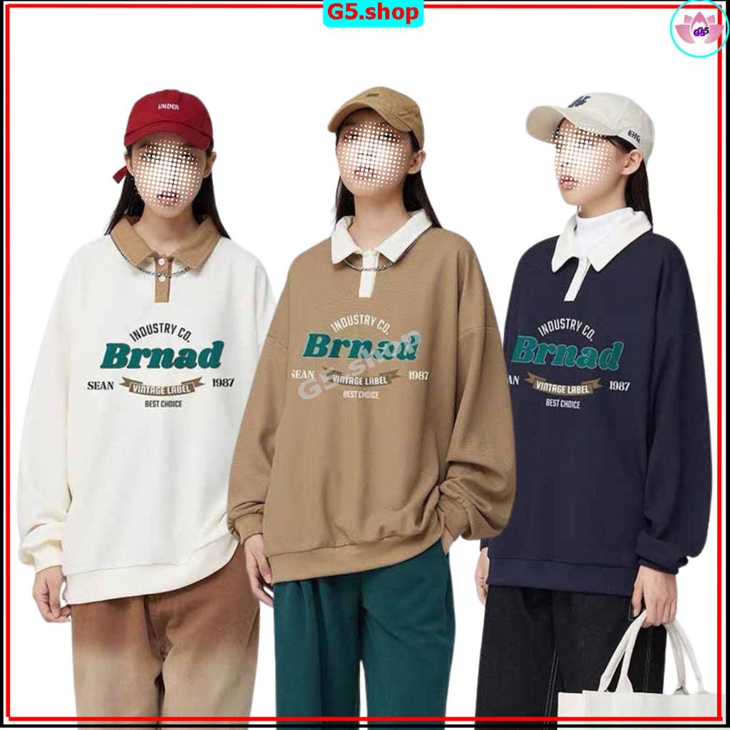 Áo Polo dài tay Sweater BRNAD From rộng Unisex nam nữ In Chữ Phối Màu Cổ Bẻ- áo polo nỉ dài tay nam nữ G5