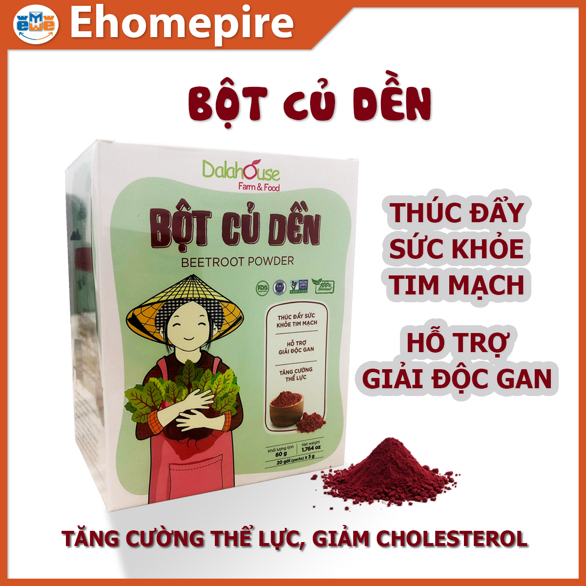 Bột củ dền hữu cơ sấy lạnh Dalahouse - Hộp 20 gói 3gr tiện lợi - Thúc đẩy sức khỏe tim mạch, hỗ trợ giải độc gan, tăng cường thể lực