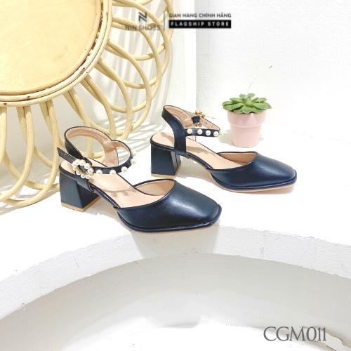 Giày cao gót Ninshoes - Cao gót Mary jane 5P đế vuông mũi tròn bít gót, quai cài đính ngọc phong cách hàn quốc