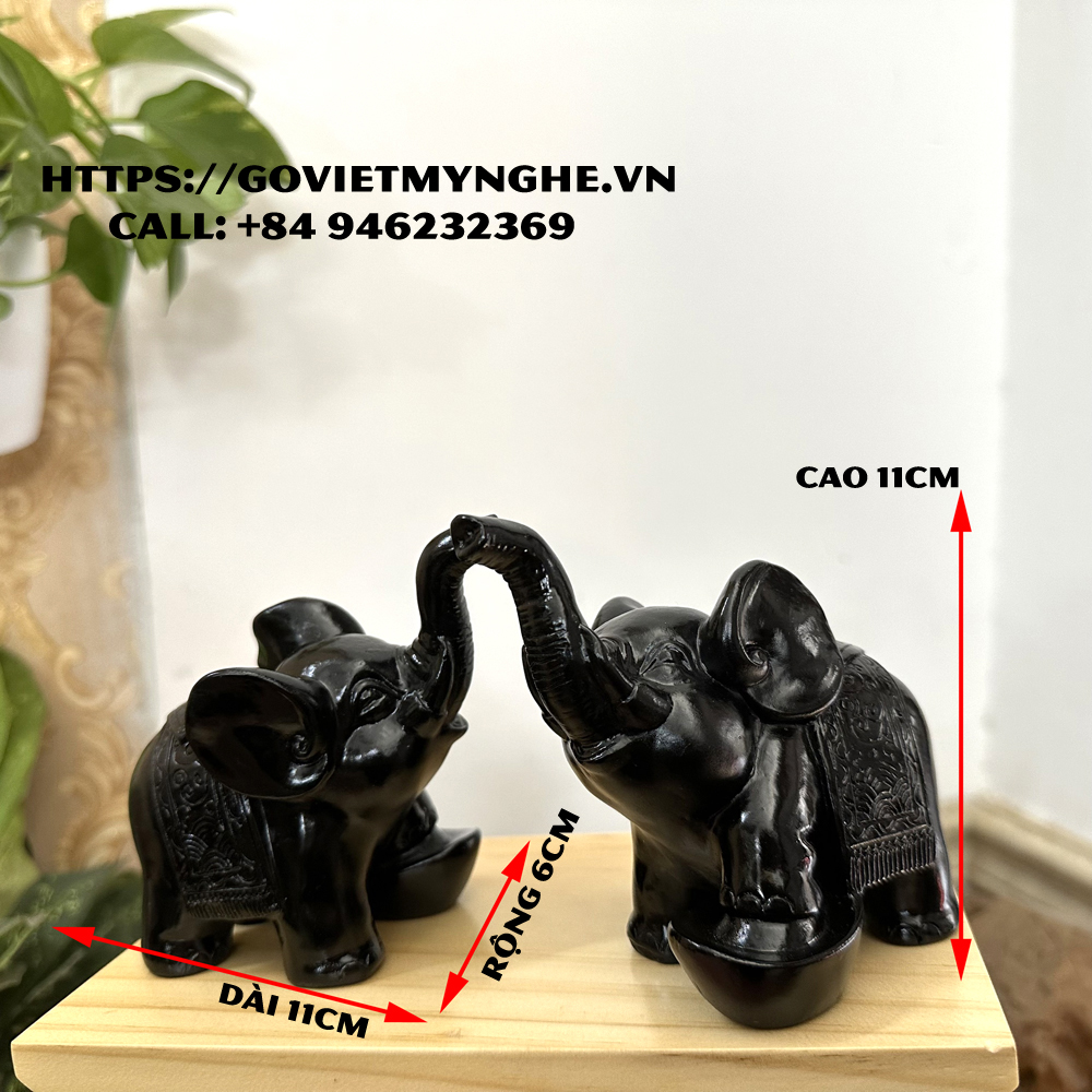 Combo 2 Tượng con voi đá trang trí phong thủy bàn làm việc - Màu đen tuyền - Chiều cao 11cm