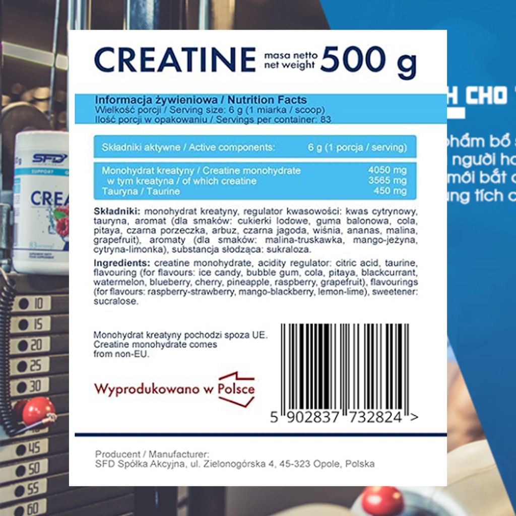 Bột SFD Nutrition Creatine Monohydrate (500g) + Taurine, Tăng Sức Mạnh &amp; Hiệu Suất Tập Luyện | Nhập Khẩu Ba Lan