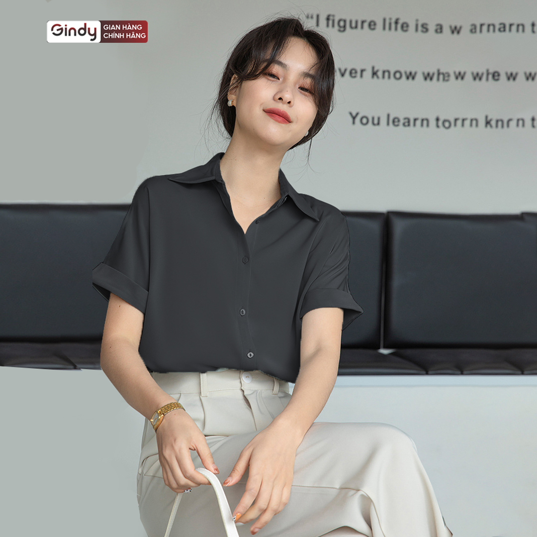 Áo sơ mi nữ lụa trơn tay ngắn GINDY form rộng sơmi kiểu Hàn Quốc thời trang công sở, học sinh A5147