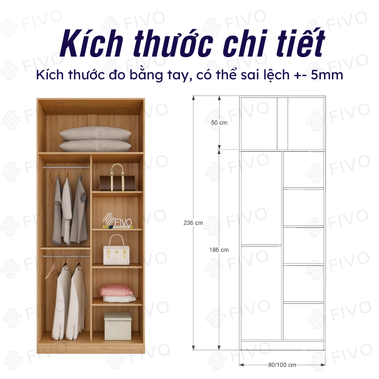 Tủ Gỗ Quần Áo Cửa Lùa Gỗ Lõi Xanh Chống Ẩm FIVO Mẫu FC31 Diện Tích Để Đồ Rộng Rãi, Móc Treo Tiện Dụng Mẫu Mã Hiện Đại - Màu Trắng + Gỗ