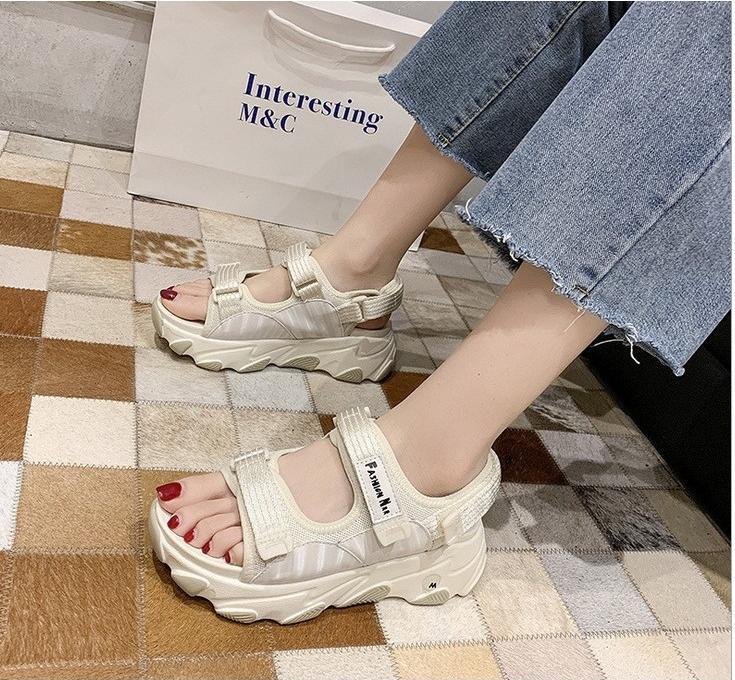 Giày sandal nữ quai dán vải dù 3 màu đế cao 5cm phong cách Ulzzang S118