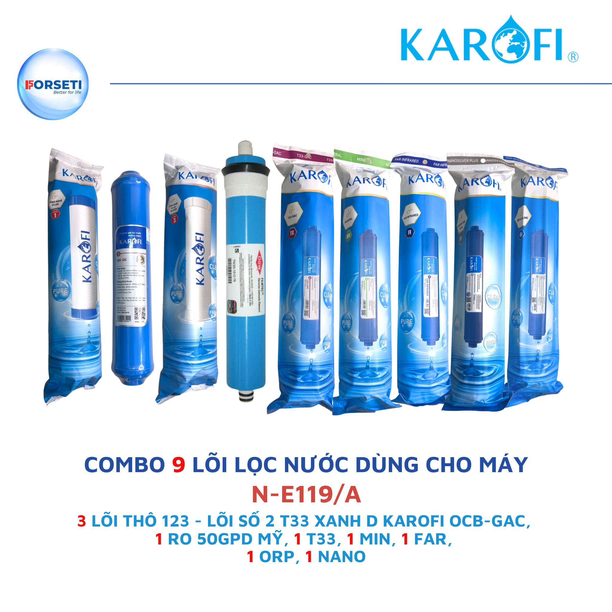 Combo 9 lõi lọc Karofi hàng chính hãng dành cho máy lọc nước Karofi N-e119/A, N-e119/U