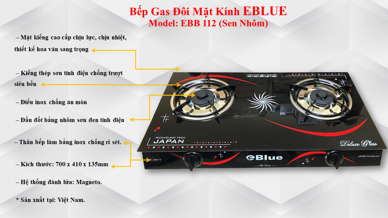 Bếp Gas Đôi Mặt Kính eBlue - (Sen Nhôm) EBB112- Hàng Chính Hãng