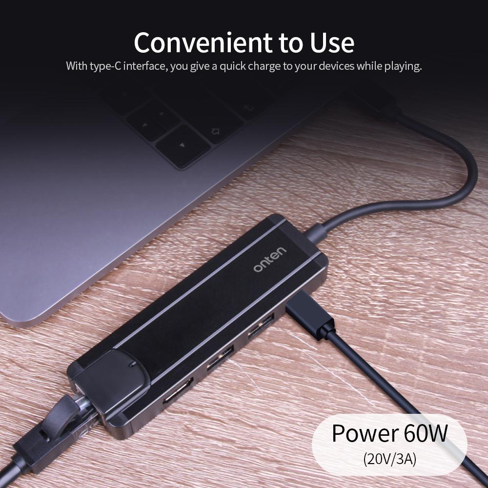 Bộ chuyển đổi onten USB Ethernet Type-C sang HD 5 trong 1 Hub PD Sạc nhanh / Truyền tốc độ cao / Hỗ trợ 10/100 / 1000Mbps