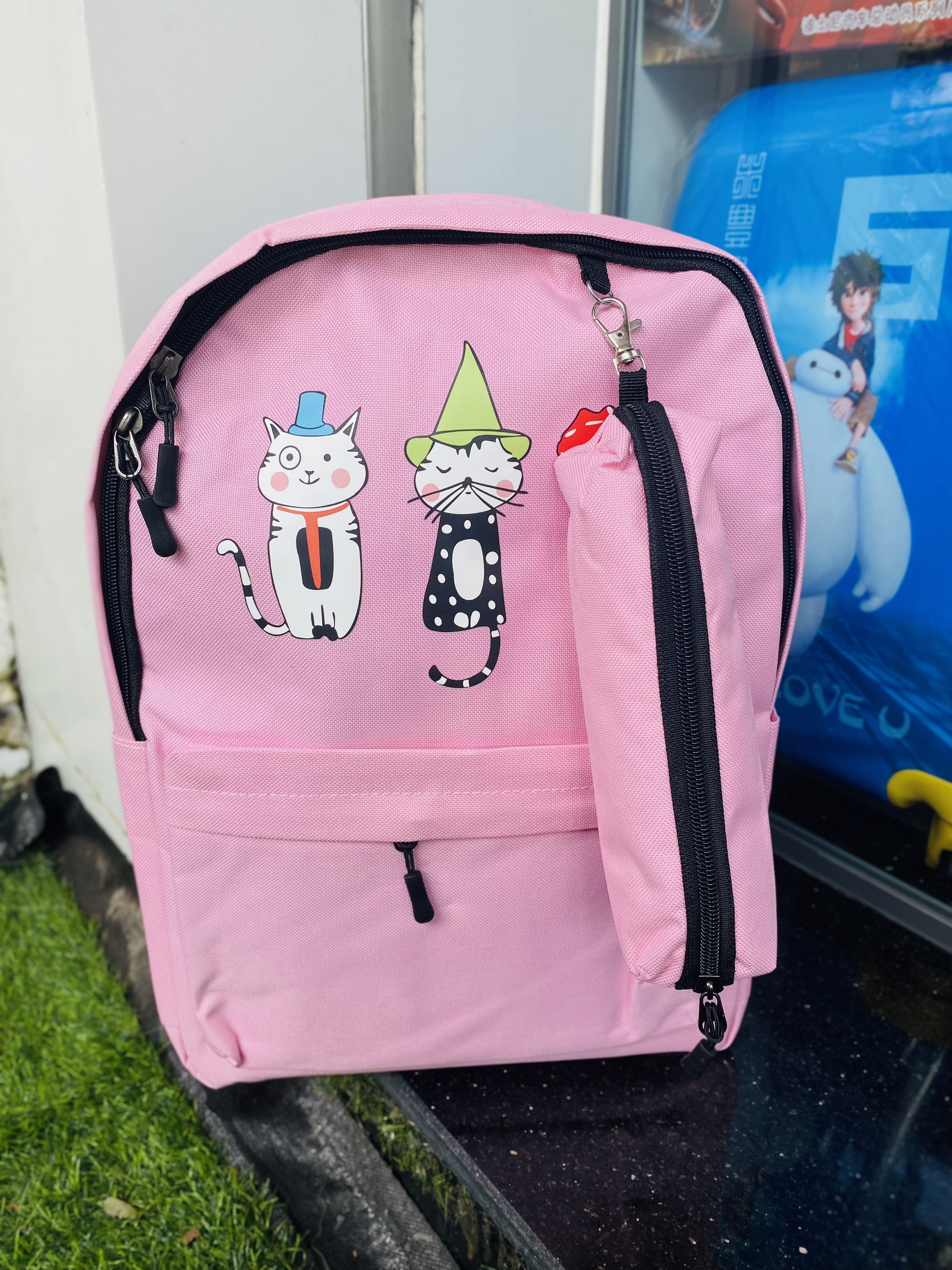 Balo Teen vải bố kèm bóp viết hình 3 chú mèo xinh xinh -