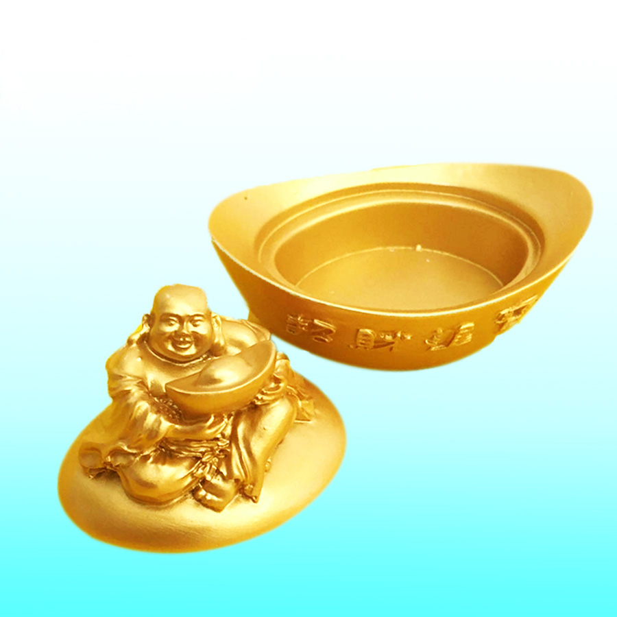 Thỏi vàng phong thủy trang trí chiêu tài lộc may mắn, Tượng Phật Di Lặc ngồi trên thỏi vàng để bàn làm việc dài 8 cm siêu bền TPTPT060