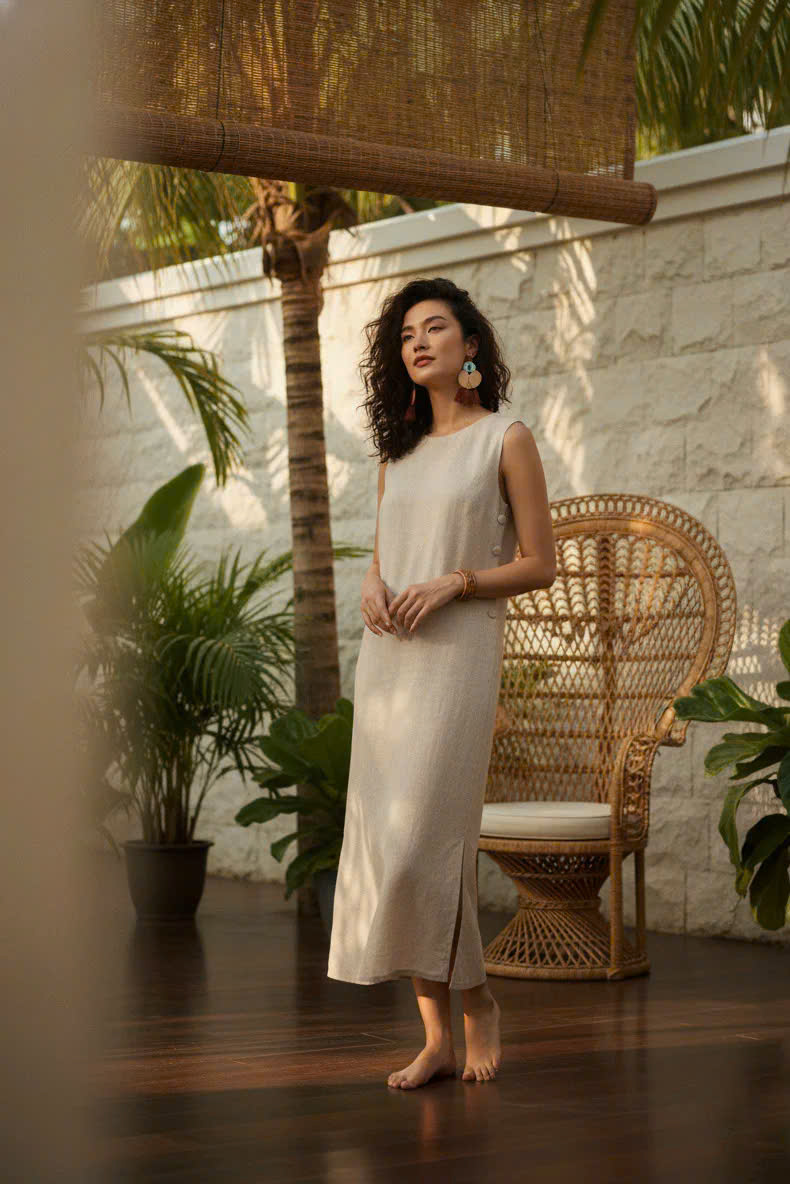 Đầm Suông Xẻ Tà Linen Lanh thời trang thiết kế Hity Dre223