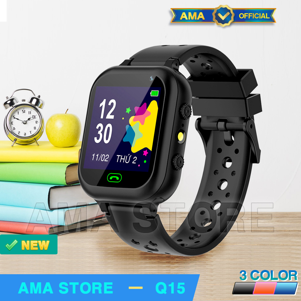 Đồng hồ Thông minh Trẻ em AMA Watch Q15 lắp SIM nghe gọi 2 chiều 3 màu Xanh Hồng Đen Hàng chinh hãng