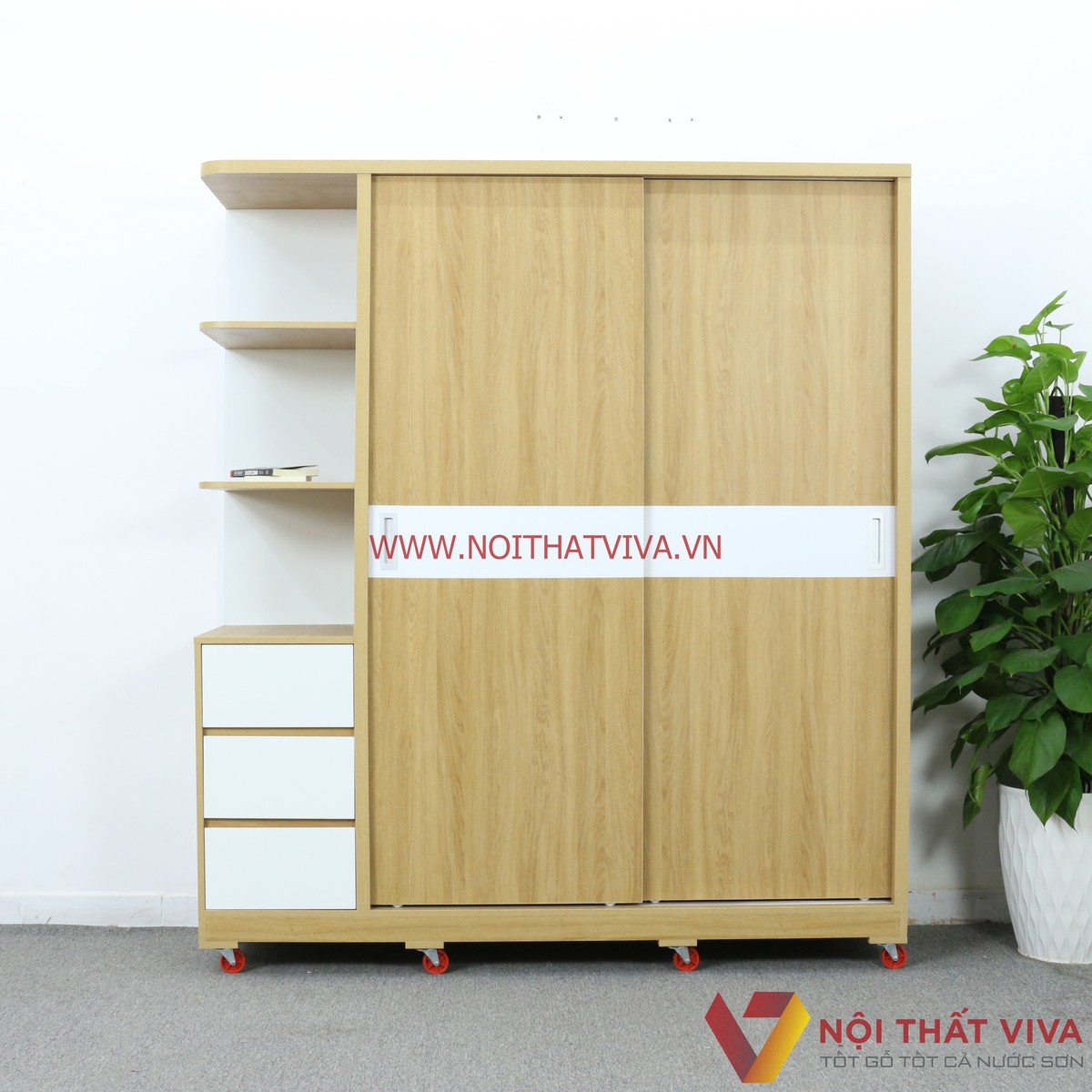 Tủ Áo Cửa Lùa Gỗ MDF Có Kệ Trang Trí Màu Vàng Vân Gỗ Chỉ Trắng Đẹp