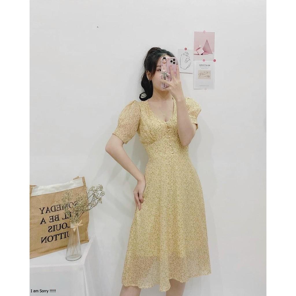 ĐẦM HOA NHÍ VÀNG CỔ TIM PHỐI CƯỜM TAY LỠ DÁNG XÒE-hình thật shop chụp