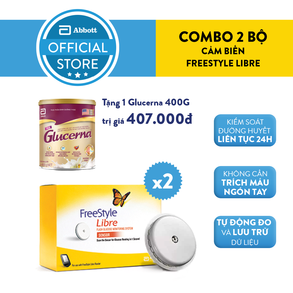 Combo 2 bộ cảm biến FreeStyle Libre tặng 1 lon sữa Glucerna 400 gram
