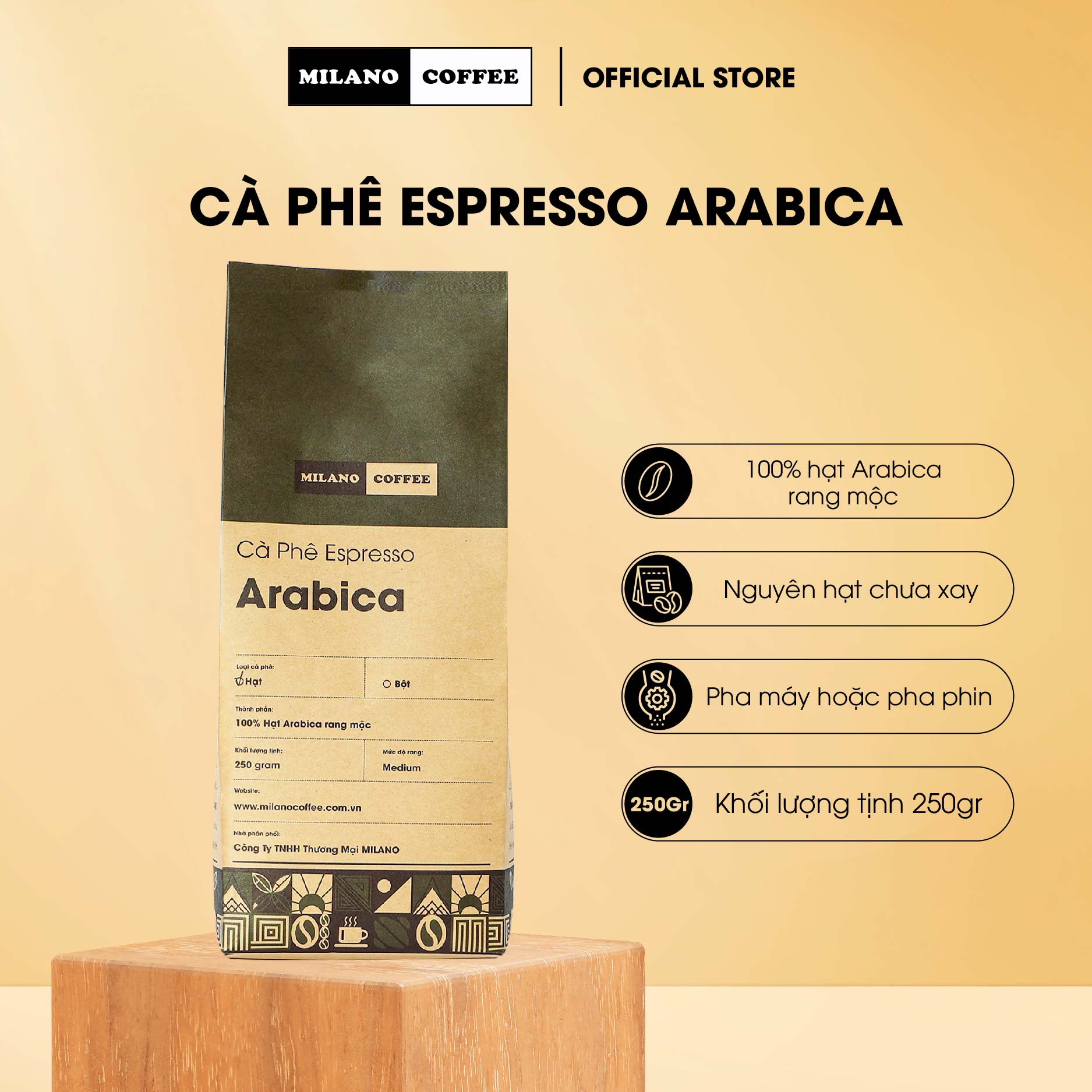 Cà phê 100% ARABICA rang mộc nguyên chất MILANO COFFEE 250gr