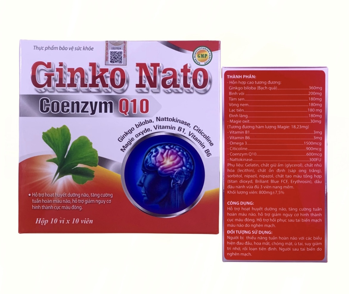 Viên uống bổ não GINKO NATO COENZYME Q10 Hộp 100 viên - Giúp hoạt huyết, giảm xơ vữa động mạch, tăng cường máu lên não, vinaphar