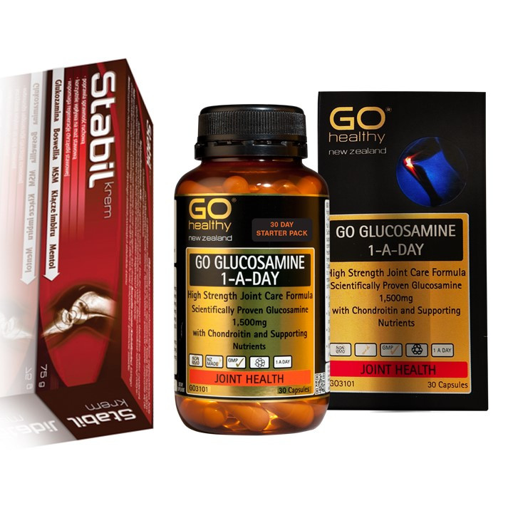 Bộ sản phẩm xương khớp nhập khẩu chính hãng trong uống ngoài bôi gồm: Viên uống GO Glucosamine 1-A-Day 1500mg và Kem bôi khớp Stabil
