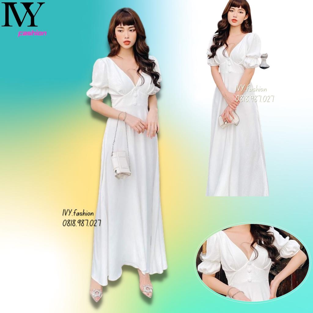 Đầm maxi trắng voan lụa mềm xòe dài cổ V tay phồng chiết eo tay ivy fashion đi biển dự tiệc dạo phố bigsize gợi cảm