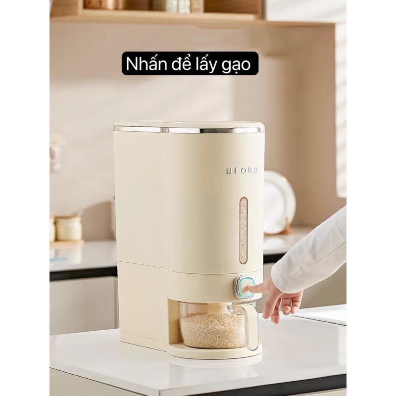 Thùng Đựng Gạo dáng đứng chất liệu nhựa, nắp nhấn kèm phễu đựng gạo Thông Minh hãng UFORU.LITE 5Kg-10Kg