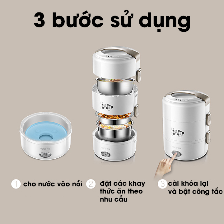 Hộp cơm điện hâm nóng Yoice, 3 khay inox 304 cao cấp , nấu được cơm canh - Hàng chính hãng