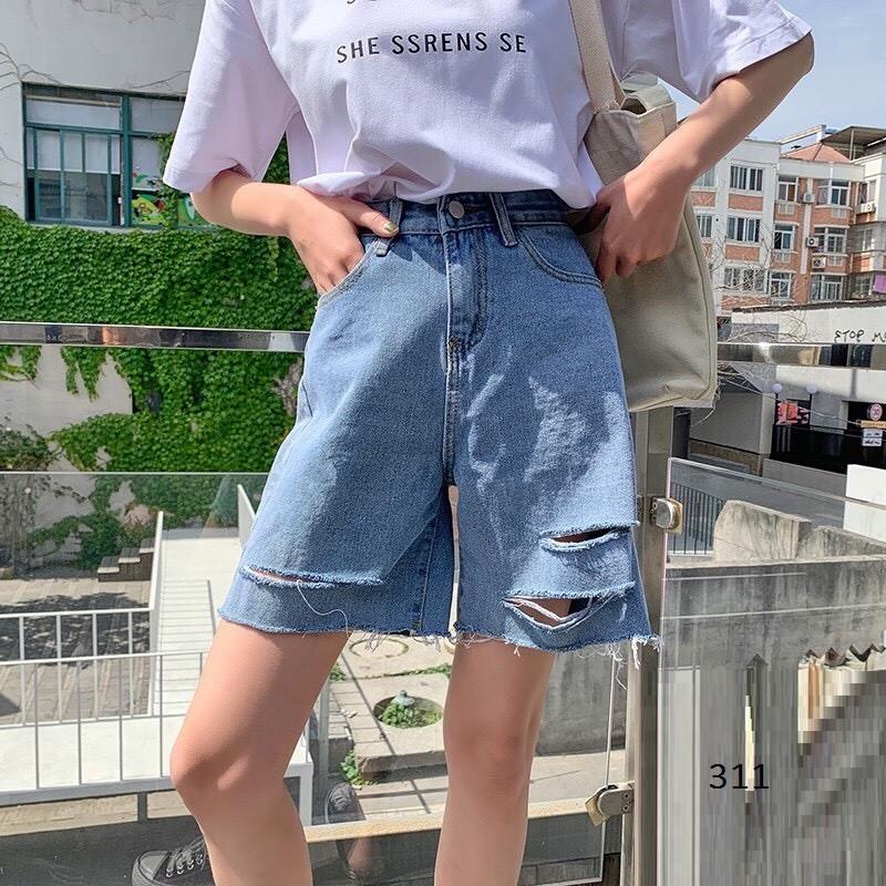 QUẦN SHORT LỬNG JEAN – BÒ NGÓ ĐÙI KIỂU NỮ LƯNG CAO XANH TRƠN BASIC RÁCH BỤI 42