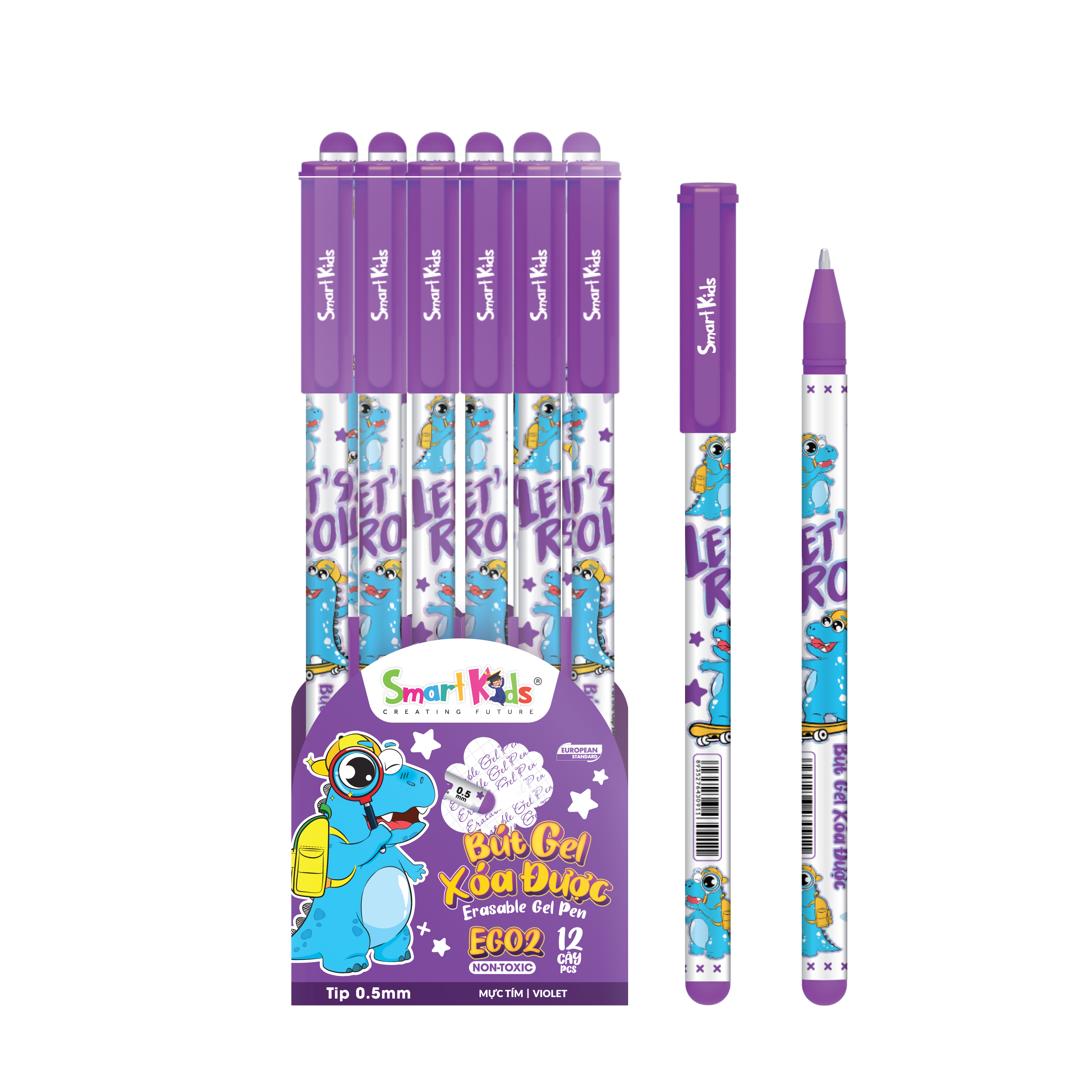 Bút gel xóa được Smartkids Dino EG02 ngòi 0.5mm mực tím, mực xanh, mực đen