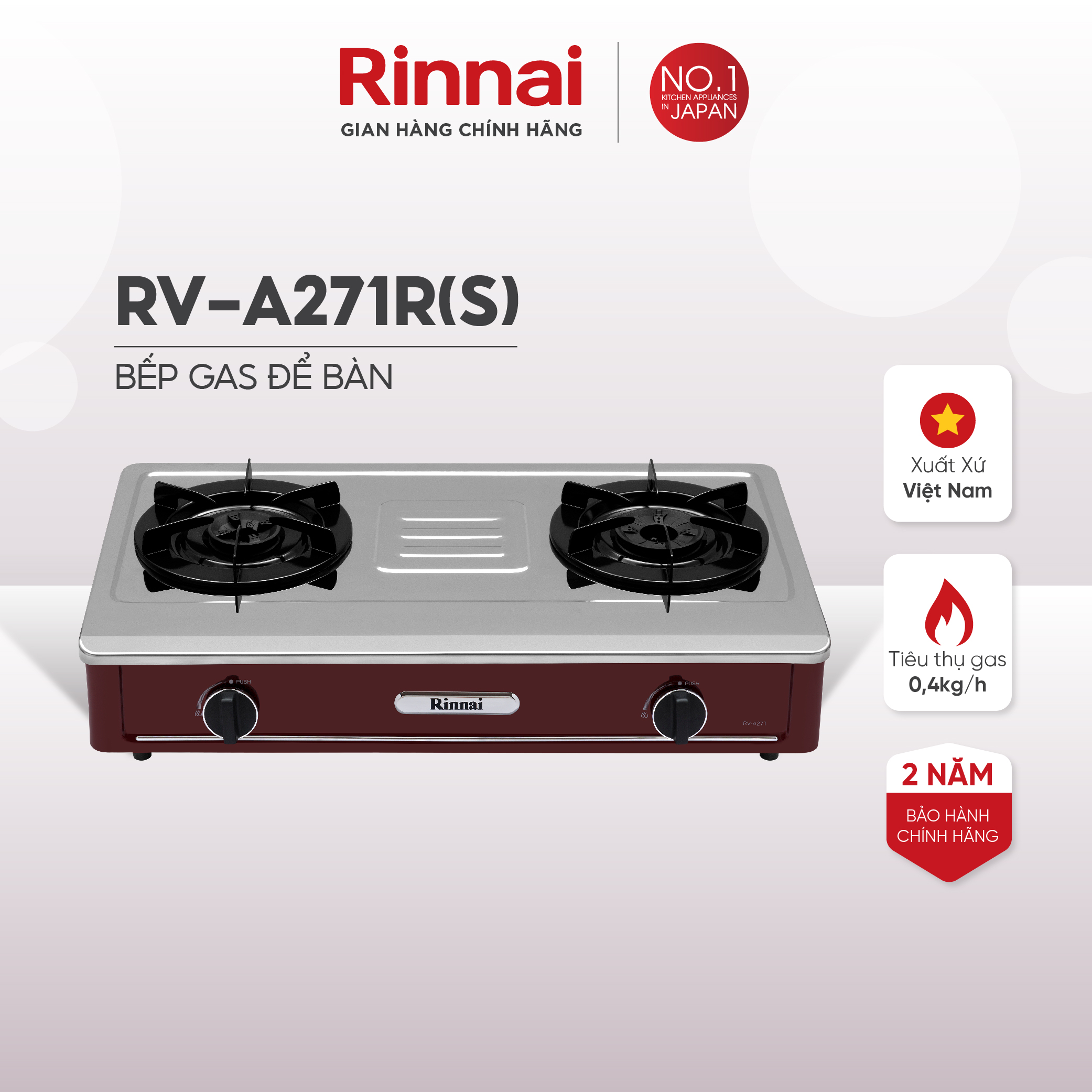 Bếp gas dương Rinnai RV-A271R mặt bếp inox và kiềng bếp men - Hàng chính hãng.