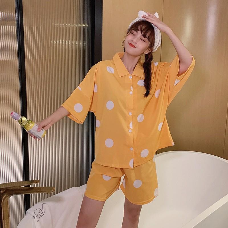 Pijama Nữ - Đồ Bộ Mặc Nhà Cộc Cánh Dơi Vải Mát Màu Hồng Và Vàng Họa Tiết Chấm Bi CCCP14