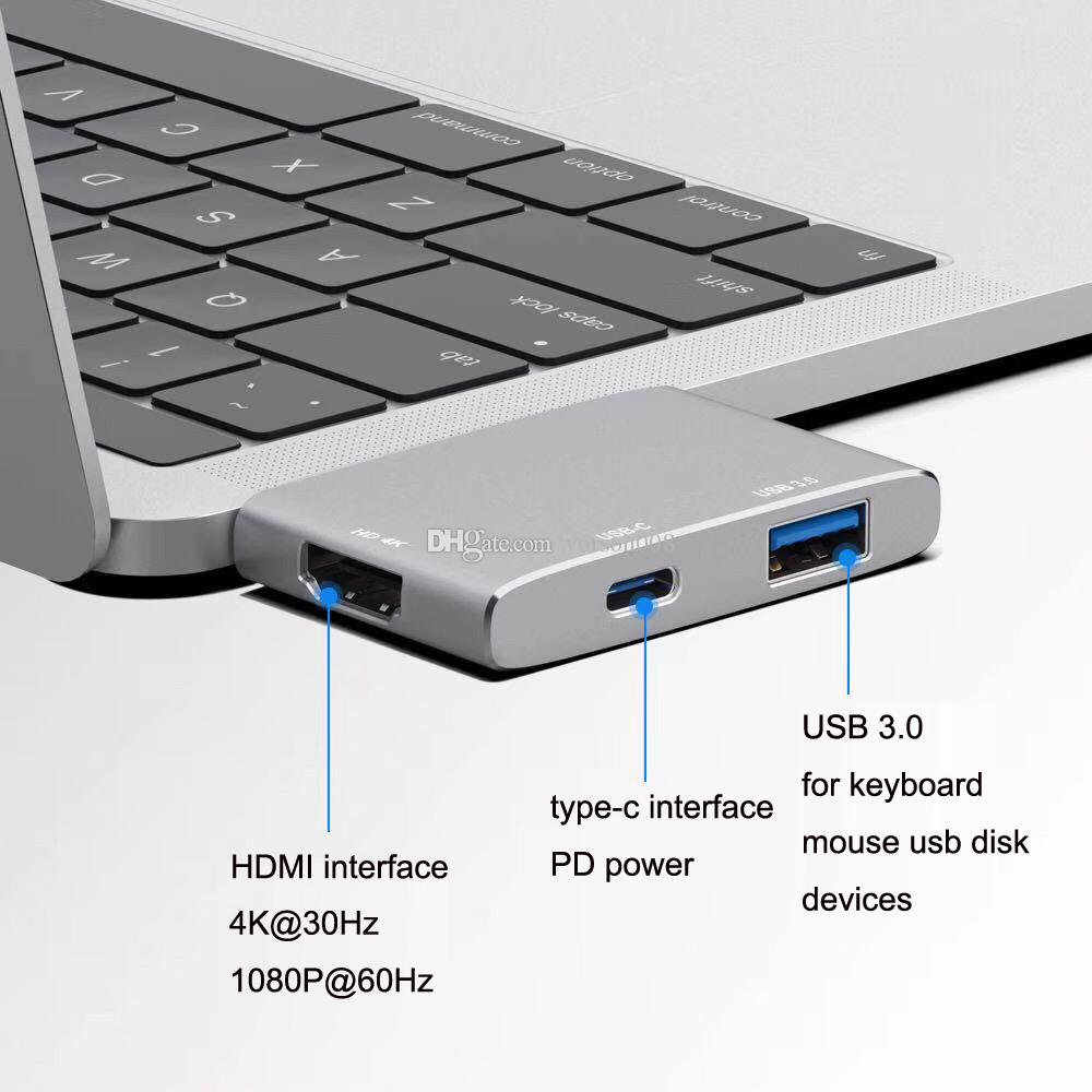 Bộ chia USB Type-C Rapoo 3-in-1 (ra HDMI - USB 3.0 - USB Type-C) XD20M - Hàng Chính Hãng