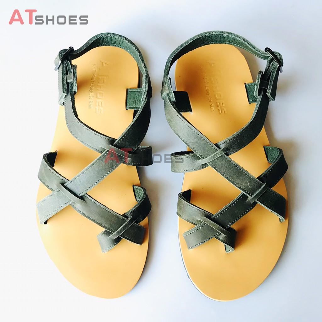 Dép Da Nam Nữ Cao Cấp Da Bò Thật Dép Sandal Unisex Hàng Thiết Kế Trẻ Trung Atshoes ATXD31 (Rêu