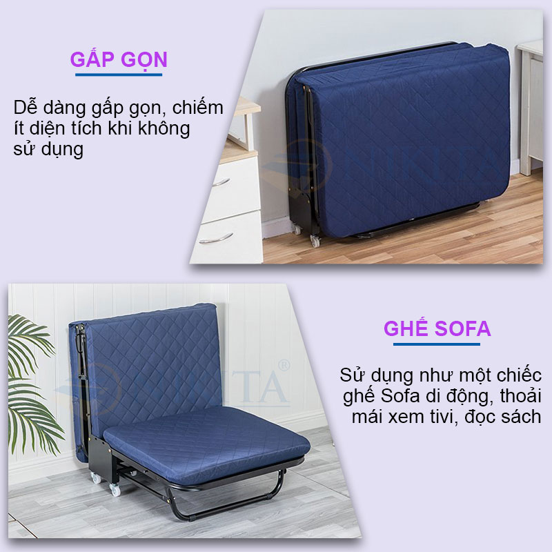 Giường ngủ thông minh gấp gọn NIKITA, Khung thép sơn tĩnh điện, Xếp gọn thành ghế sofa, Bánh xe di chuyển dễ dàng