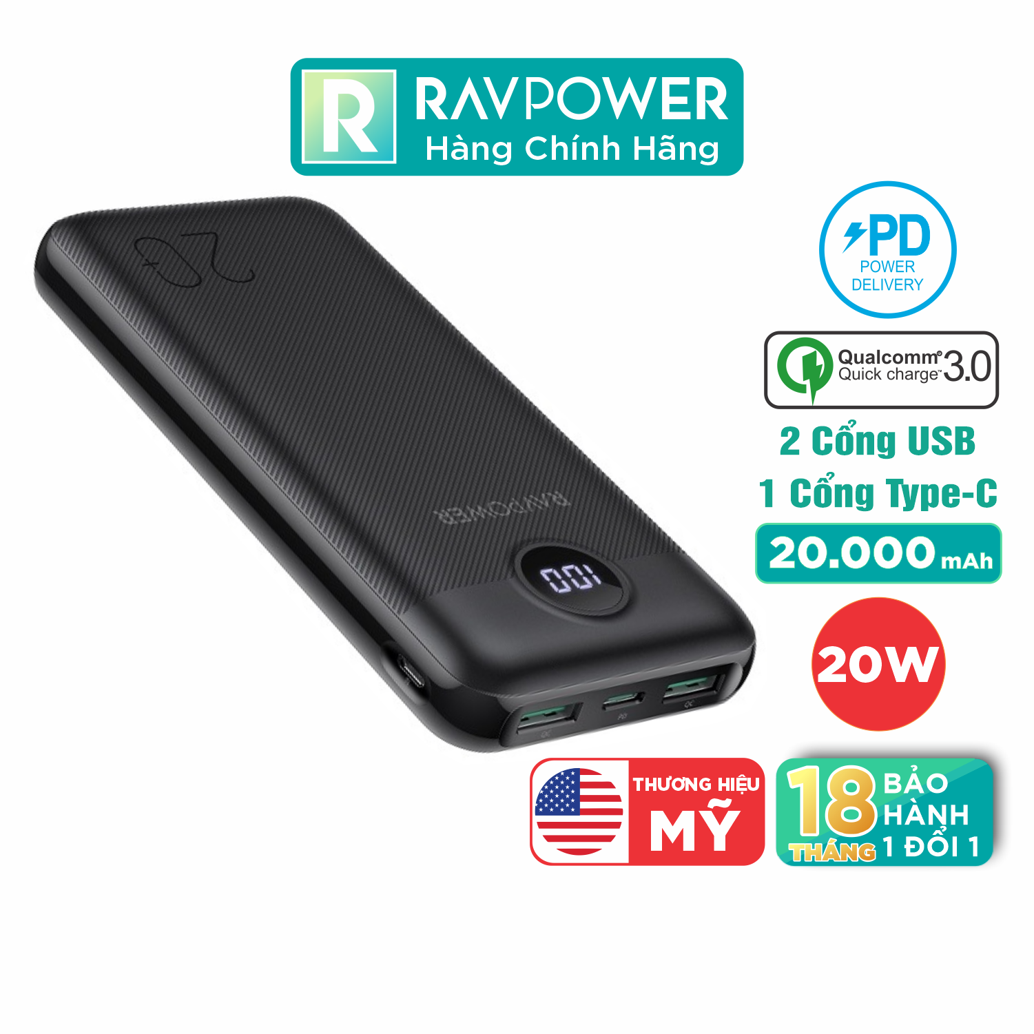 Pin Sạc Dự Phòng 20000mAh Sạc Nhanh PD 20W QC 18W RAVPower RP-PB1205 - Hàng Chính Hãng