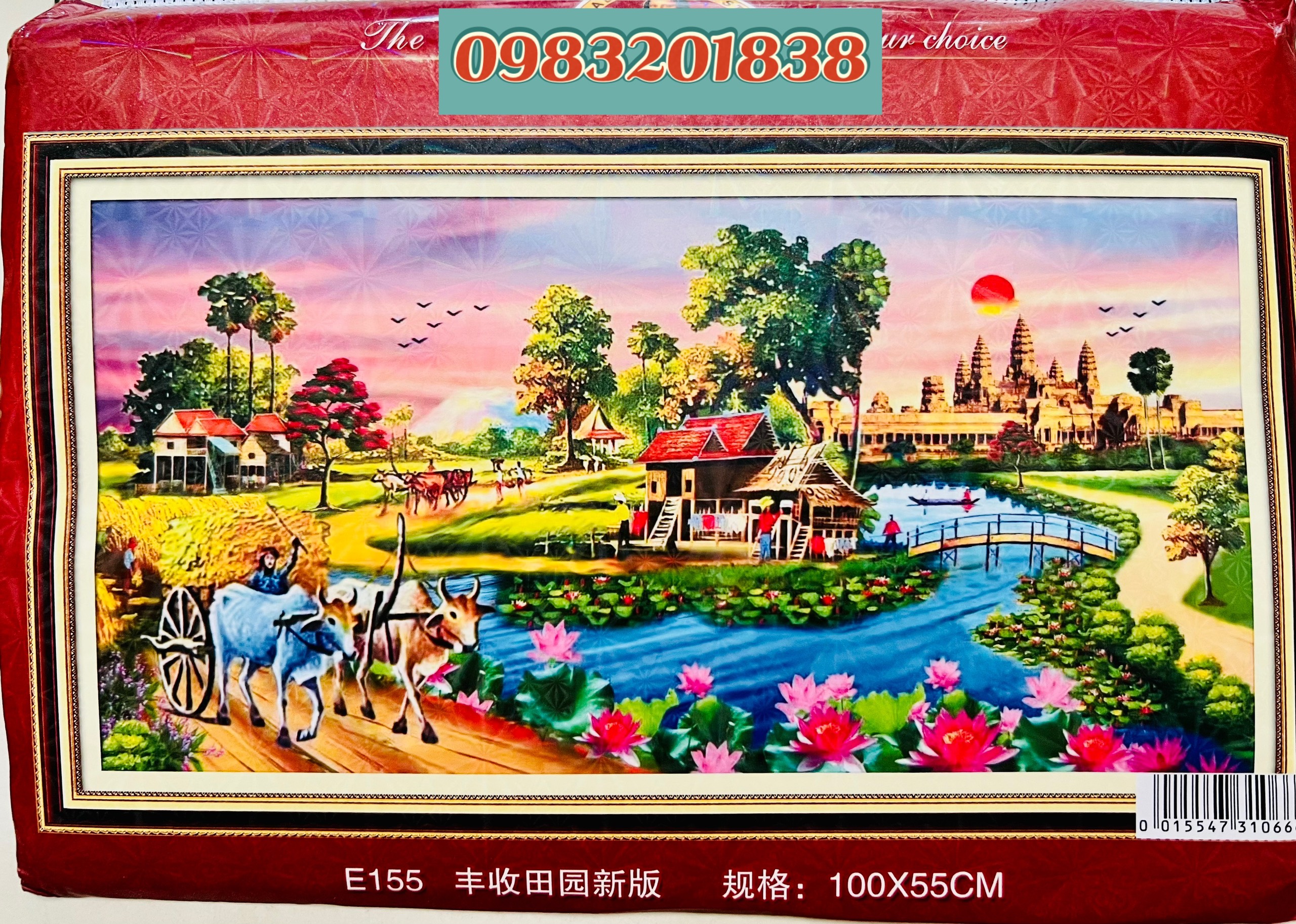 Tranh thêu kín Phong cảnh làng quê E155, kích thước 100 x 55 cm