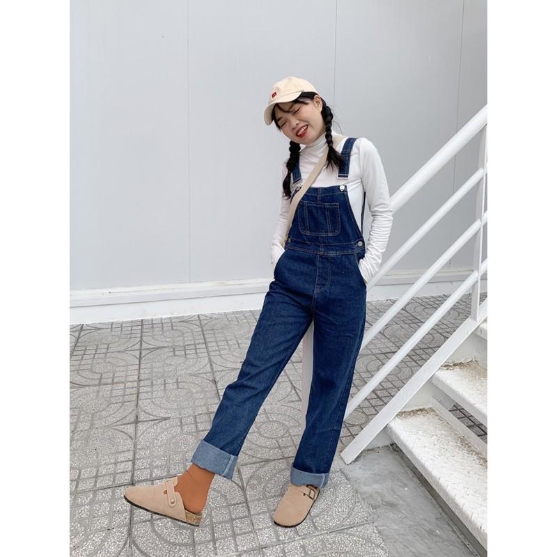 Yếm jean nút gài ống suông xanh đậm