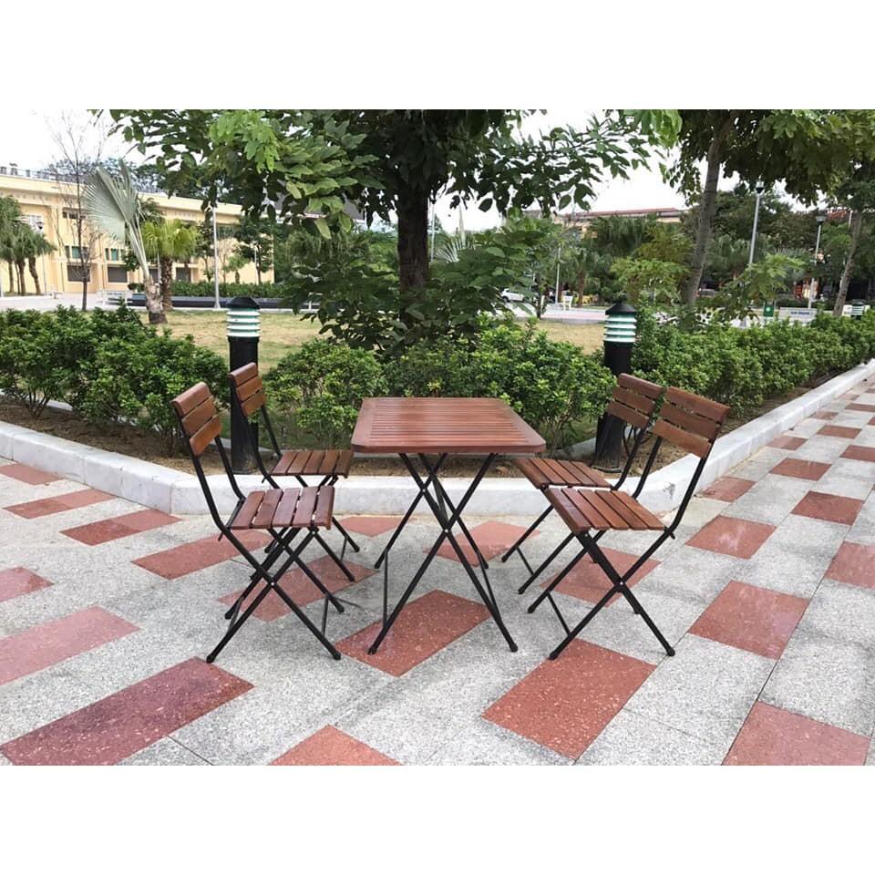 Bàn gỗ cafe chân sắt xếp cao 73cm
