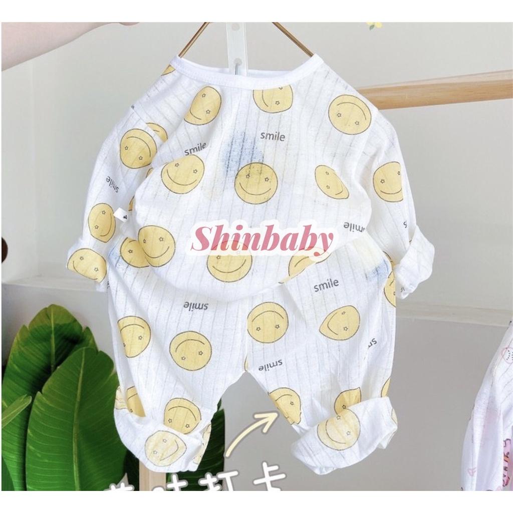 Set 5 bộ cotton giấy dài tay cài vai mỏng mát cho bé nhiều họa tiết dễ thương