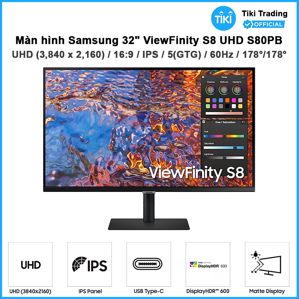 Màn hình đồ họa Samsung ViewFinity S8 UHD LS32B800PXEXXV( 32 inch ( 3,840 x 2,160 ) IPS / 60Hz / 5ms / Display Port / HDMI / USB Hub / USB - C Charging 90W ) - Hàng Chính Hãng