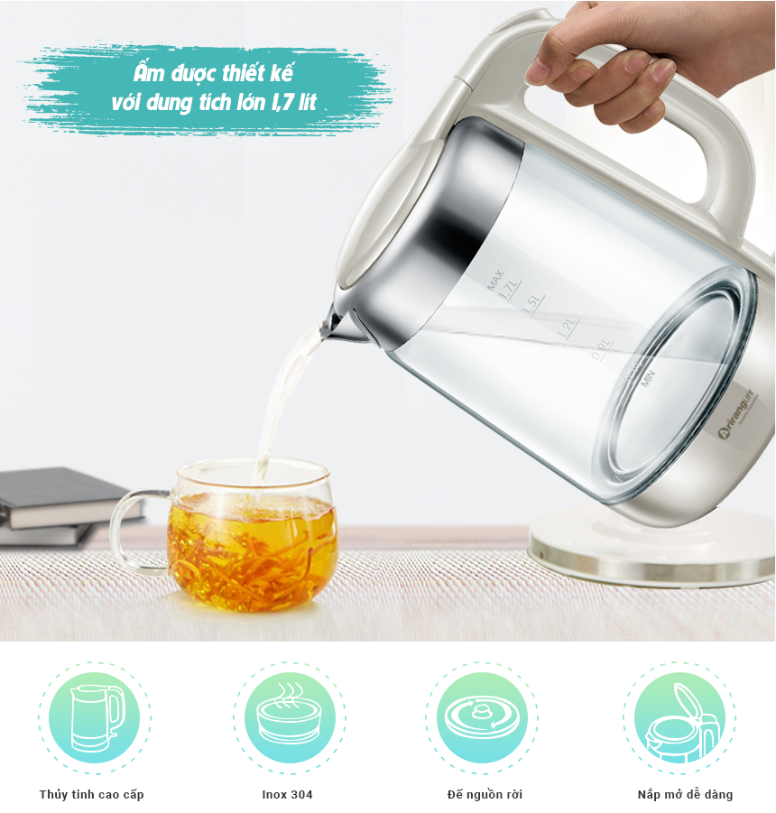 Ấm Đun Thủy Tinh Siêu Tốc Cao Cấp Đa Năng Ariranglife AL-A17G5 – màu xám (1,7 lít) - Ấm Đun Thủy Tinh Thông Minh Chịu Nhiệt - Bình đun thủy tinh siêu nhanh cao cấp đa năng, có thể đun nước, pha trà, pha sữa, pha mì, tự ngắt điện khi sôi, an toàn sức khỏe