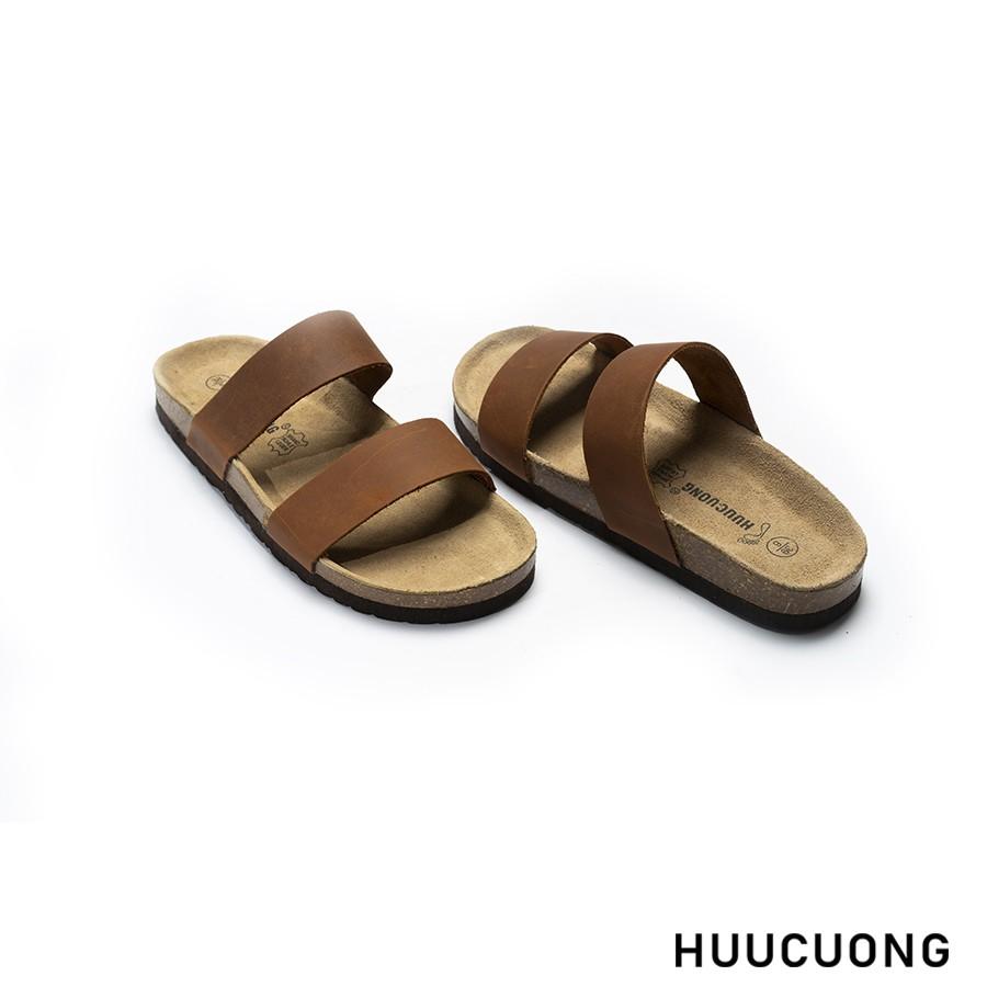 Dép unisex HuuCuong 2 quai da bò nâu đế trấu handmade