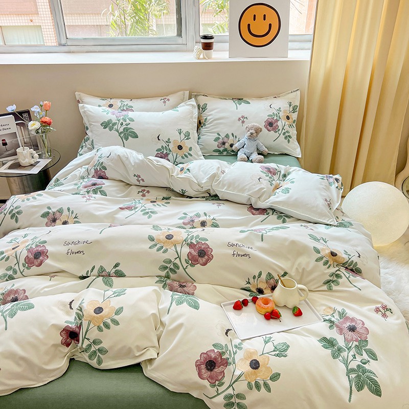 Bộ 4 món ga gối và vỏ chăn Cotton Poly Nhập Khẩu mẫu Hoa mười giờ