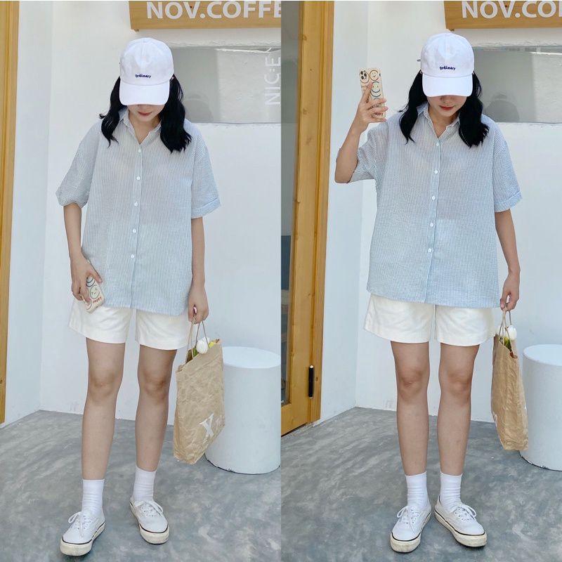 Áo sơ mi kẻ sọc thô xốp ulzzang