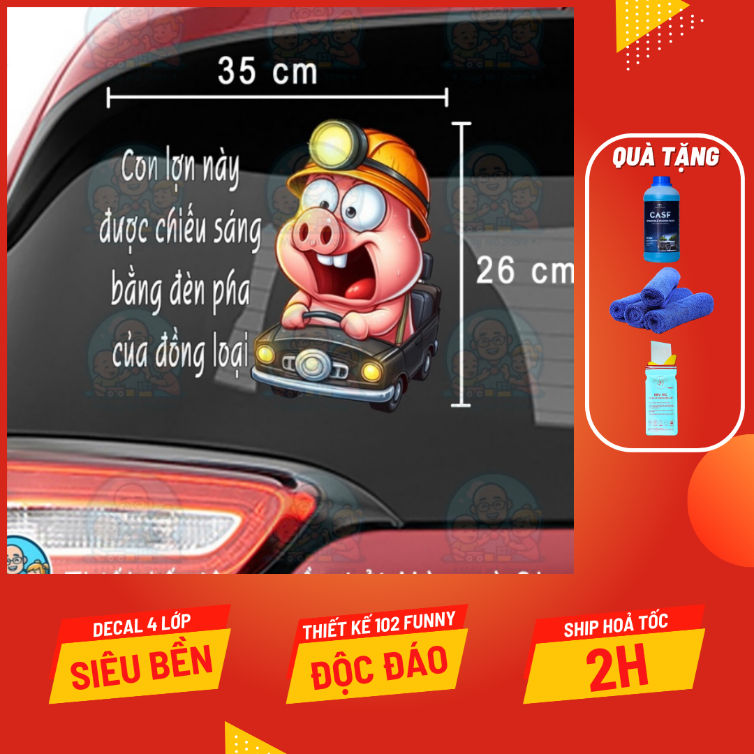Decal dán xe, tem dán xe, Con lợn chiếu pha - thiết kế đặc biệt phủ sơn UV dán kính hậu ôtô Mày mò Store