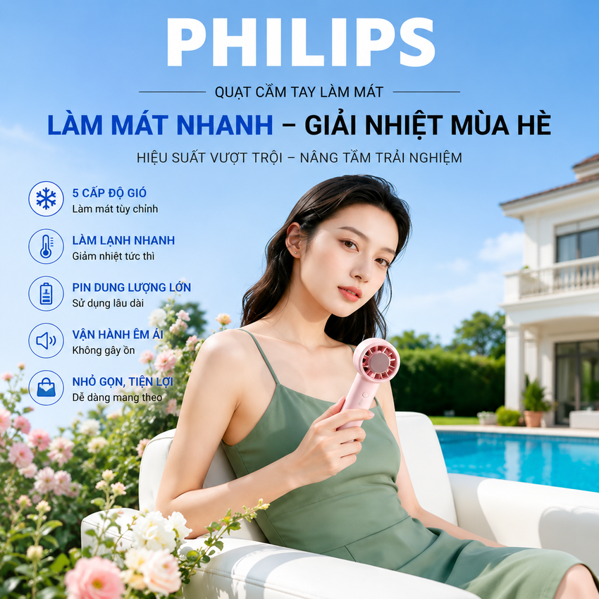 Quạt mini cầm tay USB 5 cấp độ gió, pin 3.000mAh thương hiệu Hà Lan cao cấp Philips ACR2124PPF ACR2124MPF serial 2000 - Hàng chính hãng