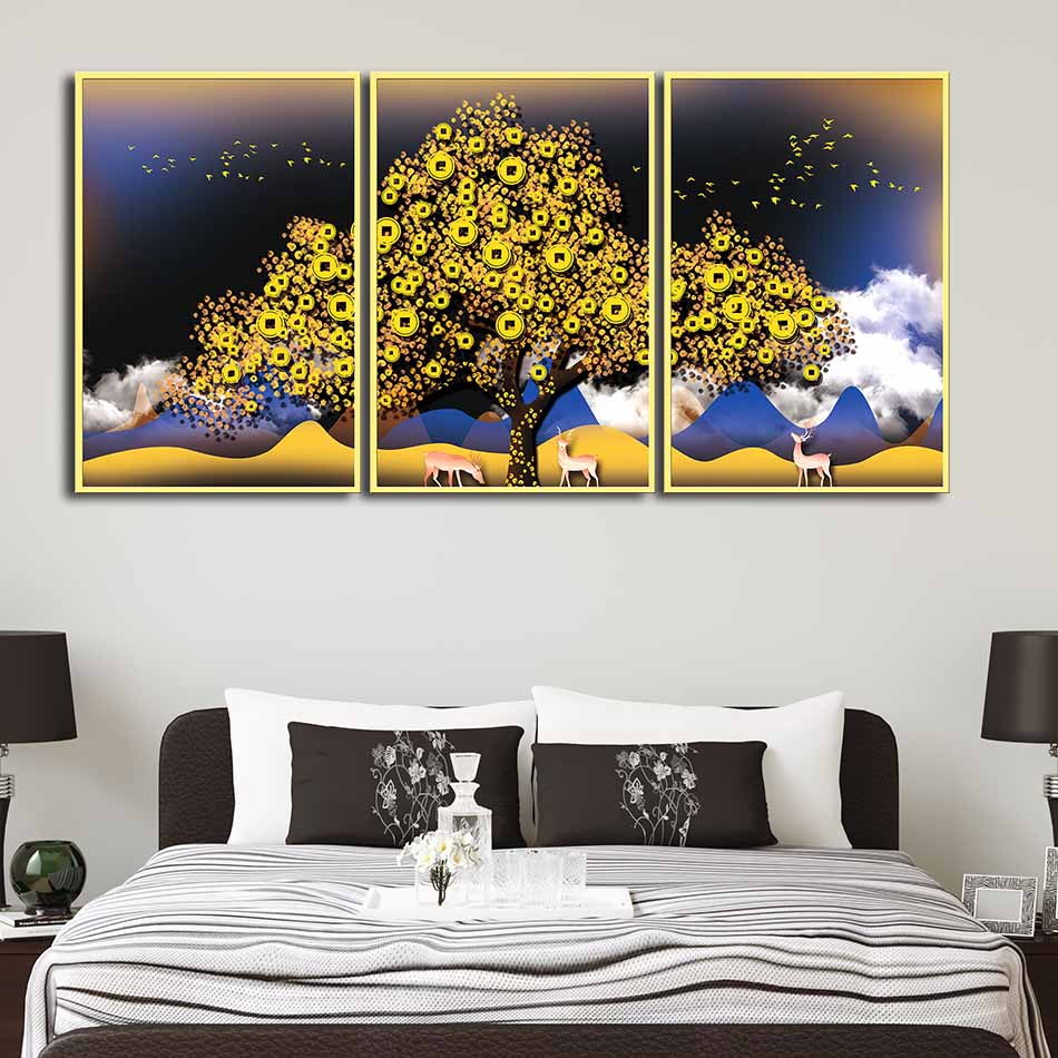 Bộ 3 tranh canvas treo tường Decor Họa tiết hươu và cây kim tiền, phong cách hiện đại - DC036