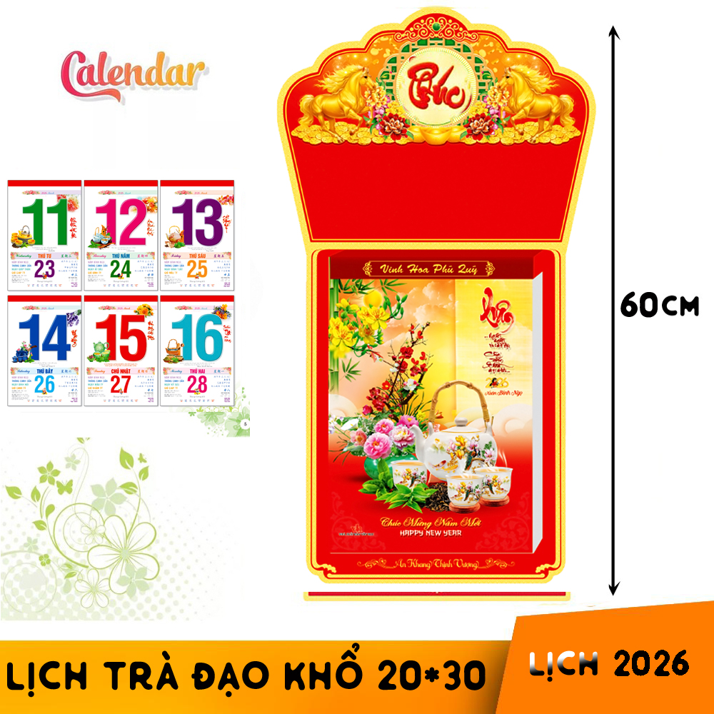 Lịch Trà Đạo lớn bloc 2026 loại lớn chiều dài tổng 60 cm trà đạo mừng xuân Bính Ngọ kích thước khổ bloc 20 * 30