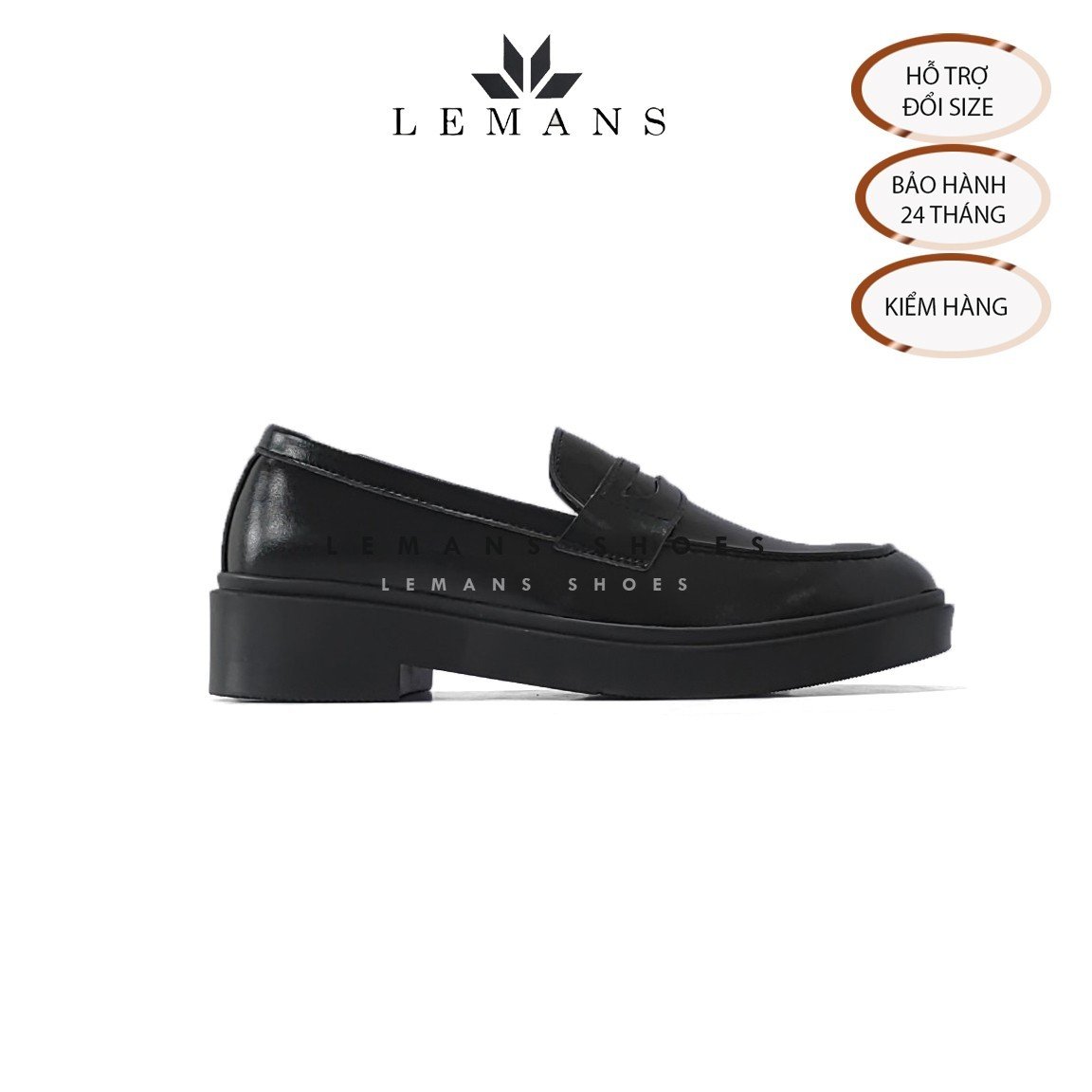 Giày da bò Penny Loafer Black LEMANS PL01D, da bò nguyên tấm, tăng chiều cao 4cm, bảo hành 24 tháng